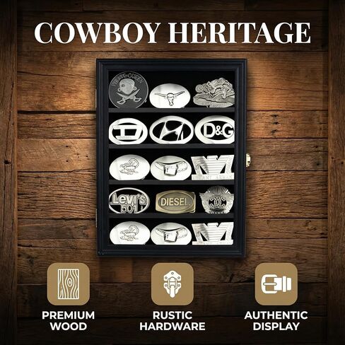 DisplayGifts Belt Buckle Display Case 16x12 Inch, Wall Mount Shadow Box with UV Protection Door, Western Buckle Collector Display Frame for 2.25" to 3.25" Buckles, 5-Tier Display, Black Finish in Saudi Arabia