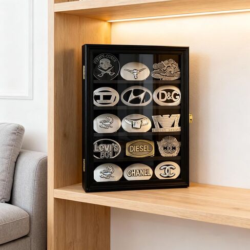 DisplayGifts Belt Buckle Display Case 16x12 Inch, Wall Mount Shadow Box with UV Protection Door, Western Buckle Collector Display Frame for 2.25" to 3.25" Buckles, 5-Tier Display, Black Finish in Saudi Arabia