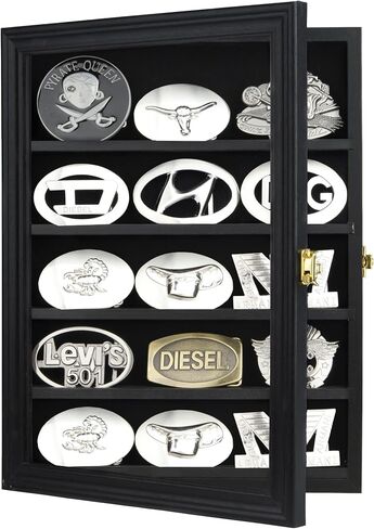 DisplayGifts Belt Buckle Display Case 16x12 Inch, Wall Mount Shadow Box with UV Protection Door, Western Buckle Collector Display Frame for 2.25" to 3.25" Buckles, 5-Tier Display, Black Finish in Saudi Arabia