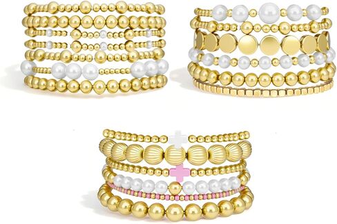 Gold Beaded Bracelets Set for Women Stretch Elastic Stackable Bracelets Dainty Round Bead Ball Pearl Cross Bracelet Stack Enewton Stretchable Bracelet Jewelry Christmas Gifts in Saudi Arabia