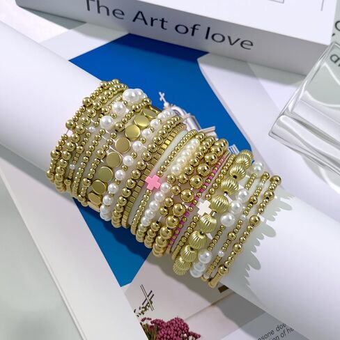 Gold Beaded Bracelets Set for Women Stretch Elastic Stackable Bracelets Dainty Round Bead Ball Pearl Cross Bracelet Stack Enewton Stretchable Bracelet Jewelry Christmas Gifts in Saudi Arabia
