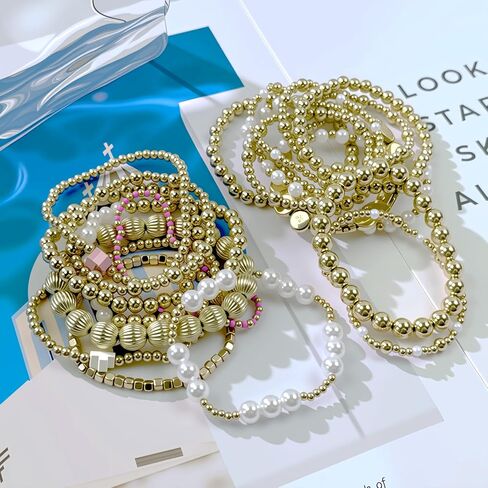 Gold Beaded Bracelets Set for Women Stretch Elastic Stackable Bracelets Dainty Round Bead Ball Pearl Cross Bracelet Stack Enewton Stretchable Bracelet Jewelry Christmas Gifts in Saudi Arabia