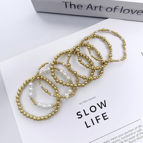Gold Beaded Bracelets Set for Women Stretch Elastic Stackable Bracelets Dainty Round Bead Ball Pearl Cross Bracelet Stack Enewton Stretchable Bracelet Jewelry Christmas Gifts in Saudi Arabia