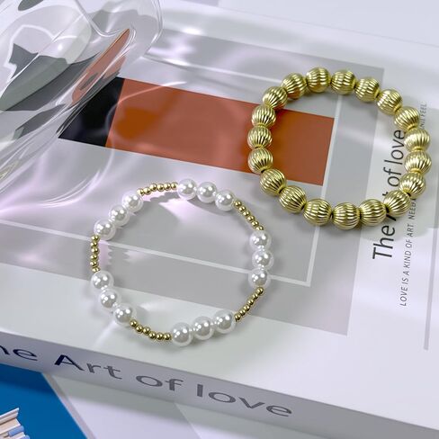 Gold Beaded Bracelets Set for Women Stretch Elastic Stackable Bracelets Dainty Round Bead Ball Pearl Cross Bracelet Stack Enewton Stretchable Bracelet Jewelry Christmas Gifts in Saudi Arabia