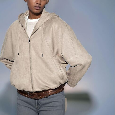 Xunger Women's Faux Suede Drawstring Hooded Jacket Bomber Casual Solid Color Zipper Outerwear with Pockets in Saudi Arabia