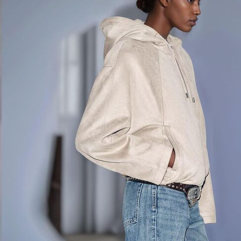 Xunger Women's Faux Suede Drawstring Hooded Jacket Bomber Casual Solid Color Zipper Outerwear with Pockets in Saudi Arabia