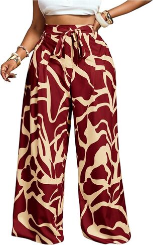 Floerns Women's Plus Size Graphic Wide Leg Pants Belted High Waist Beach Palazzo Trousers in Saudi Arabia