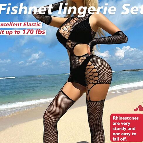 Sexy Lingerie For Women Naughty Sparkle Rhinestone Fishnet Lingerie Set Crotchless Erotic Rave Mesh Bodysuits Outfit in Saudi Arabia