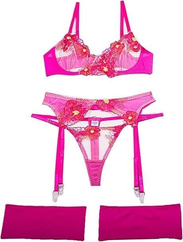 Lingerie Set for Women 4 Piece Floral Embroidered Lace Sheer Underwire Bra with G-String Thigh Bands with Garter Belt in Saudi Arabia