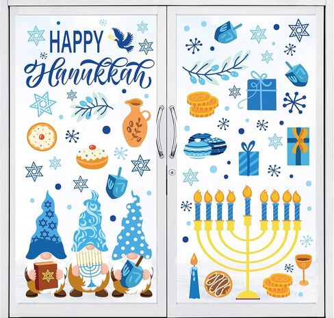 Whaline 9 أوراق Hanukkah نافذة تلتصق باللون الأزرق والذهبي Menorah Star Gnome ملصقات نافذة مزدوجة الجوانب سداسية عيد الفصح موضوع نافذة الشارات لديكور المنزل والمكتب والمدرسة in Kuwait