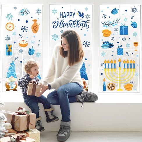 Whaline 9 أوراق Hanukkah نافذة تلتصق باللون الأزرق والذهبي Menorah Star Gnome ملصقات نافذة مزدوجة الجوانب سداسية عيد الفصح موضوع نافذة الشارات لديكور المنزل والمكتب والمدرسة in Kuwait