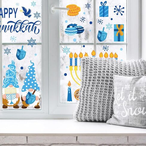 Whaline 9 أوراق Hanukkah نافذة تلتصق باللون الأزرق والذهبي Menorah Star Gnome ملصقات نافذة مزدوجة الجوانب سداسية عيد الفصح موضوع نافذة الشارات لديكور المنزل والمكتب والمدرسة in Kuwait