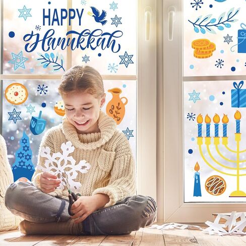 Whaline 9 أوراق Hanukkah نافذة تلتصق باللون الأزرق والذهبي Menorah Star Gnome ملصقات نافذة مزدوجة الجوانب سداسية عيد الفصح موضوع نافذة الشارات لديكور المنزل والمكتب والمدرسة in Kuwait