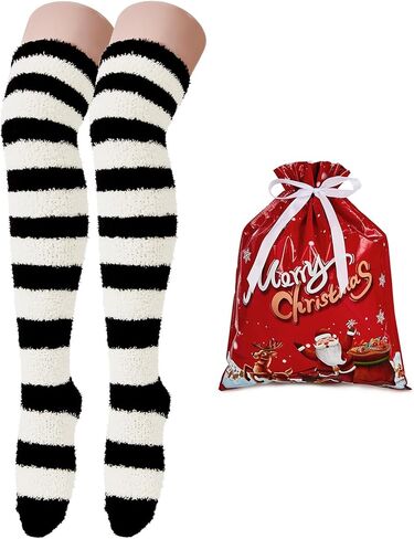 Zando Christmas Fuzzy Striped Thigh High Socks for Women Over the Knee Socks Thigh Highs Leg Warmers Drawstring Gift Bags in Saudi Arabia