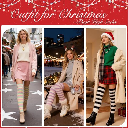 Zando Christmas Fuzzy Striped Thigh High Socks for Women Over the Knee Socks Thigh Highs Leg Warmers Drawstring Gift Bags in Saudi Arabia