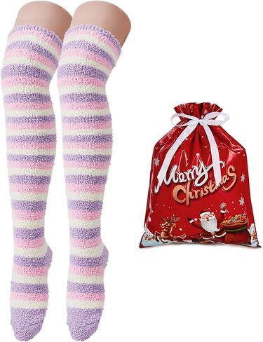 Zando Christmas Fuzzy Striped Thigh High Socks for Women Over the Knee Socks Thigh Highs Leg Warmers Drawstring Gift Bags in Saudi Arabia