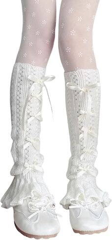 SherryDC Girl's Cute Knit Leg Warmers Kawaii Bowknot Ruffled Trim Knee High Leg Sleeve Socks Women in Saudi Arabia