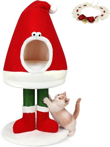 Christmas Tree Cat Scratching Post, Comes with A Christmas Cat Collar, Natural Sisal Rope Cat Tower to Satisfy Cats’ Claw Instincts, Christmas Decor Sisal Rope Cat Toys for Kitty and Adult Cats in Saudi Arabia