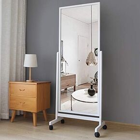 AISUNDY Full Length Mirror Floor Mirror with Wheels, 64"x22", Large Standing Mirror Tilting Mirror Swivel Mirror with Wood Frame & Stands, Cheval Bedroom Dressing Mirror Full Body Mirror, White