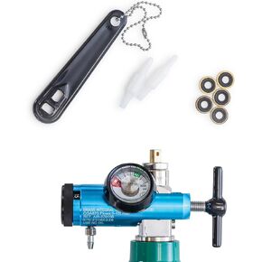 AireMed Oxygen Regulator 0-15LPM, CGA-870 Gauge Flow Rate – Includes Wrench Key, 5 Brass Yoke Washer Seals, and 2 Oxygen Tubing Swivel Connectors - Ergonomic Handle Design – Blue