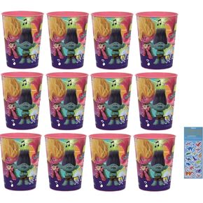 Unique Trolls Birthday Party Supplies Bundle includes 12 Plastic Reusable Party Cups 16oz and 1 Dinosaur Sticker Sheet