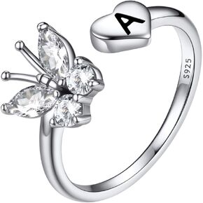 FaithHeart Intial Sterling Silver Rings for Women, Sterling Silver Butterlfly Letter Open Rings with AAA Cubic Zirconia Stcakable Rings with Gift Box