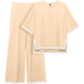 PrinStory 2 Piece Lounge Sets for Women Cotton Pajama Sets Summer Outfit Tracksuits Loungewear Wide Leg Pants