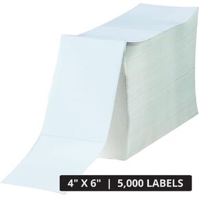 TAPE LOGIC Fanfold Thermal Transfer Labels 4"x6" White (5000-pk) Self Adhesive All Purpose Blank Sticker Label for Thermal Printer, Office Supplies for Address, Shipping & Mailing
