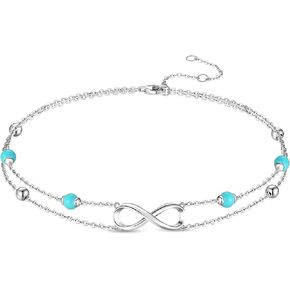 FANCIME Ankle Bracelets For Women, 925 Sterling Silver Infinity Layered Anklet Adjustable Turquoise Beaded Chain Beach Jewelry Gifts for Women