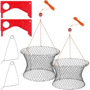 2 Sets Crab Trap Bait Wire Grid Bottom Crab Nets Foldable Fishing Net Hand Casting Cage Crab Ring Trap with Harness and Bait Clip