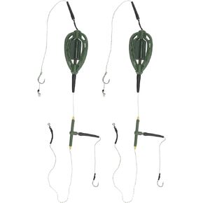 Lwuey Carp Fishing Bait Cage Feeder with Wire Hook Rigs, Sturdy European Style Long Line Nesting Trap Device Inline Method Inserted Weight Quick Sinking Durable Angler Lure Equipment Tackle 2PCS