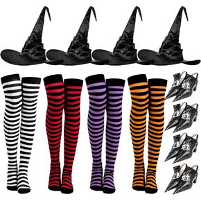 Foaincore 4 Pcs Halloween Large Ruched Hats Witch Hats and 4 Pairs Striped Socks 4 Pairs Black Witch Shoe Covers Women's Thigh High Stockings for Adult Women Girls Children Halloween Cosplay Party