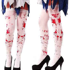 Halloween Nurse Stockings for Women,Bloody High Socks for Cosplay Costume Bloody Socks Blood Stained White and Red Thigh High Socks 2 Pairs