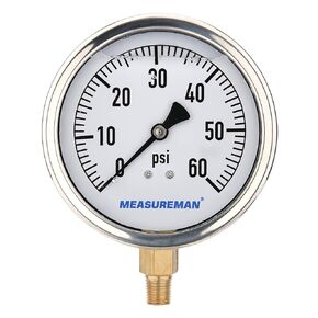 MEASUREMAN 4" Dial Size, Glycerin Filled Plumbing Pressure Gauge, 0-60psi, Stainless Steel Case, 1/4"NPT Lower Mount
