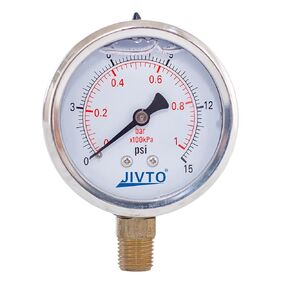 مقياس ضغط JIVTO، مملوء بالسائل، قطر 2-1/2 بوصة، 0-600 رطل لكل بوصة مربعة، 0-40 بار/كبا، حامل سفلي 1/4 بوصة NPT