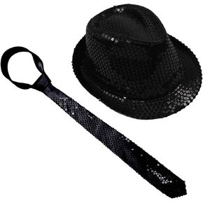 ZARSIO Sequins Fedora Hat and Tie for Men, Retro Disco Sequined Top Hat Fashion Party Costume Accessory, 60cm
