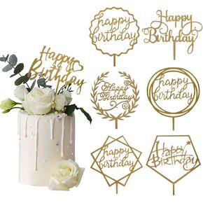 قطعة علوية للكيك باللون الذهبي، قطعة علوية لكعكة عيد ميلاد سعيد من الأكريليك لتزيين الكيك (7 قطع)