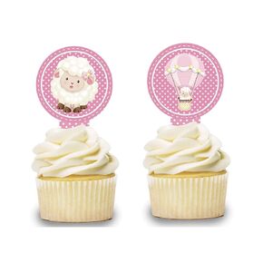 Pink Sheep Cupcake Toppers 12 PCS, Cake Picks, Baby Shower, Birthday Party Decorations Supplies, Hot Air Balloon, Lamb Baby Themed