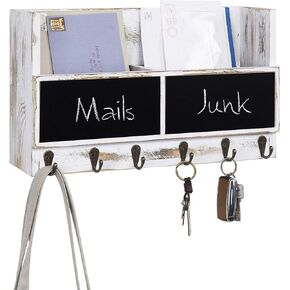 MyGift 2-Slot Wall Mounted Whitewashed Wood Mail Rack with Chalkboard & 6 Key Hooks