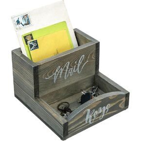 MyGift Vintage Gray Solid Wood Mail Holder and Key Organizer Entryway Storage Tray with Cursive Mail and Keys Word Design, Office Desktop Organizing Bin