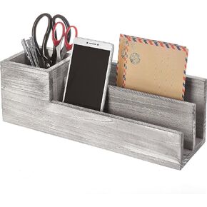MyGift Rustic Whitewashed Gray Wood Desktop Pencil Cup/Pen Caddy and 2 Slot Letter Sorter Office Accessory Organizer Station