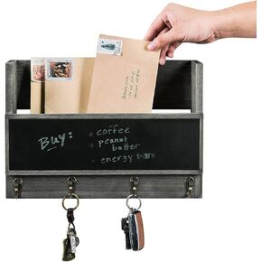 MyGift Mail and Key Holder for Wall, Rustic Vintage Gray Wood Organizer Rack with 4 Hooks and Chalkboard Label