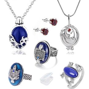 UoYu Damon's Ring Opening Vervain Locket Pendant Necklace and Daywalking Katherine Necklace Pendant Charm Necklace-Royal Blue Diamond Stud Earrings S Ring （6 pcs）