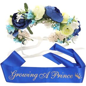 "Growing A Prince" Sash & Flower Crown Kit - Little Prince Baby Shower It's A Boy Royal Prince Gift (Royal Blue)