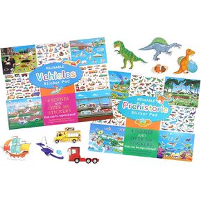 Jactales Reusable Sticker Pad Set:Vehicle and Dinosaur-Restickable Sticker Activity Playset for Kids Toddlers Boys Ages 2-4 4-8 Years. Includes Construction Cars Airplane Boat Dino,Removable - 2 Pack.