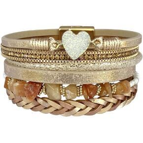 P Ammy Fashion® Boho Multi-layer Braid Leather Wrap Bracelet Retro Cuff Crystal Natural Stones Bracelets Bohemian Jewelry gift Bangle with Magnetic Clasp