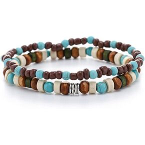 Dmaiy Boho Turquoise Bracelet Wooden Beaded Bracelets Stretch Wrap Bracelet Jewelry for Women and Men Gift
