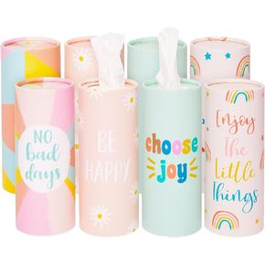 Sparkle and Bash 8 Pack Round Tissue Boxes for Car Cup Holder - Travel Size Refill Cylinder, 4 Motivational Quote Designs (50 Tissues Per Container)
