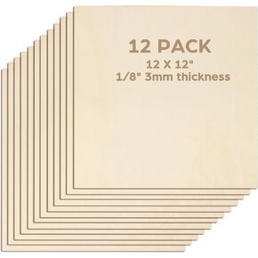 LotFancy Basswood Sheets, 12 Pack, 12 x 12 x 1/16 Inch, Plywood Sheets with Smooth Surfaces, 1.5mm Craft Wood Board for Laser Cutting, DIY Architectural Models, Wood Burning and Staining