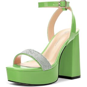 CDXJHYMY Women's Square Toe Rhinestone Crystal Platform Heels Sandals Ankle Strap Block Chunky Heel Dress Party High Heeled Pumps Shoes